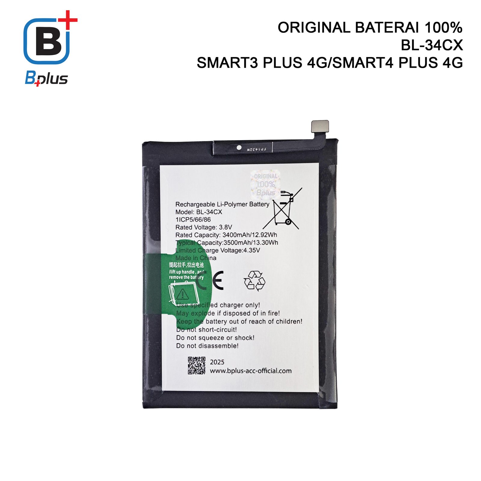 BATERAI INFINIX BL-34CX /SMART3 PLUS 4G/SMART4 PLUS 4G ORIGINAL BPLUS 100% - Gambar 3