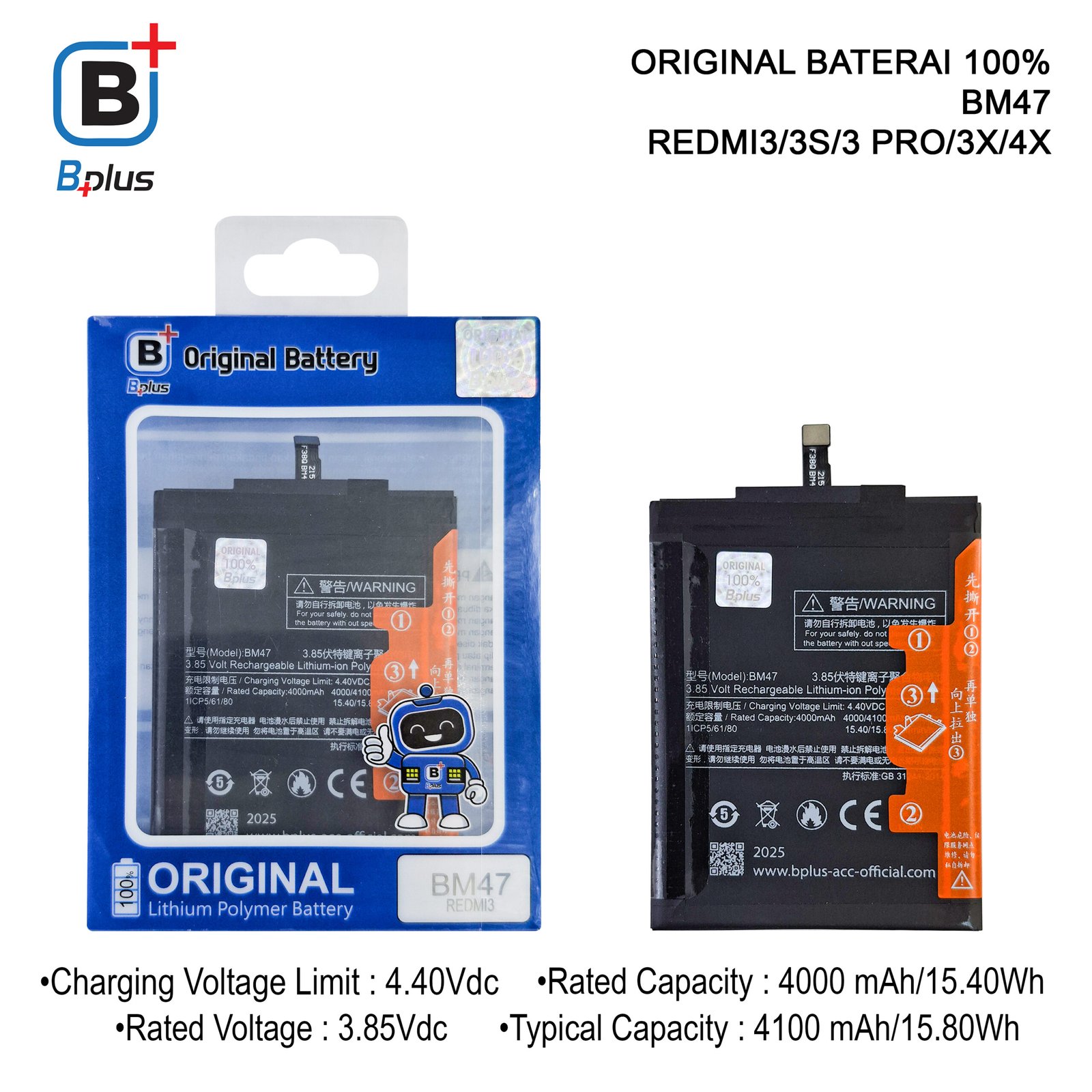 BATERAI XIAOMI BM47 / REDMI3/3S/3 PRO/3X/4X ORIGINAL BPLUS 100%