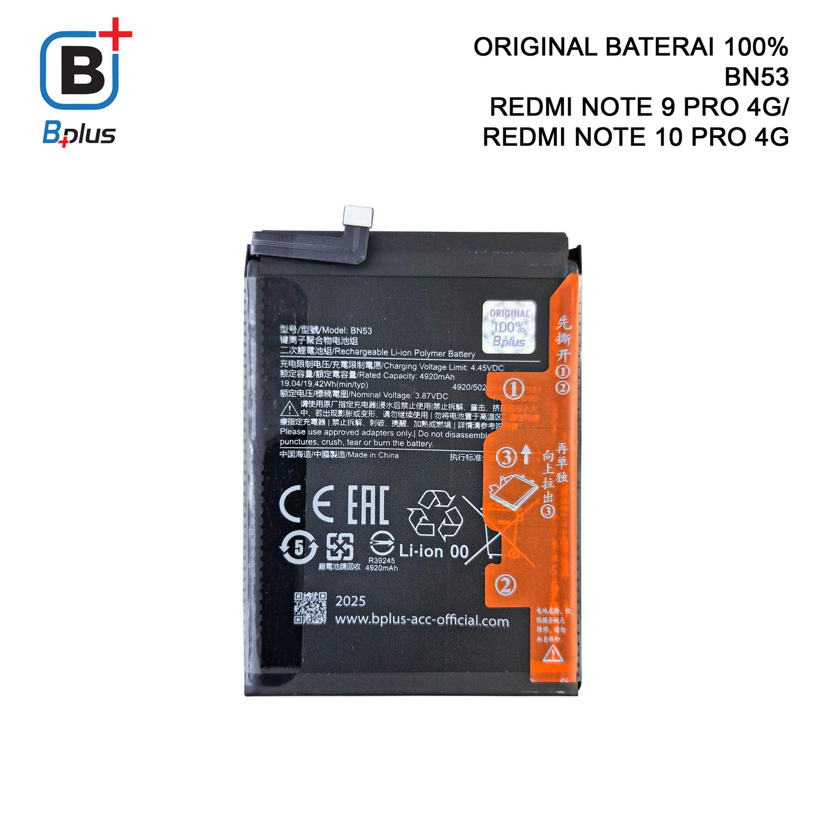 BATERAI XIAOMI BN53 / REDMI NOTE 9 PRO 4G/ REDMI NOTE 10 PRO 4G ORIGINAL BPLUS 100% - Gambar 3